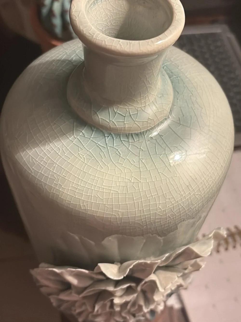 Decorative Ceramic Bottle Vase with Sculpted Flower crackle paint ,Pale Mint .